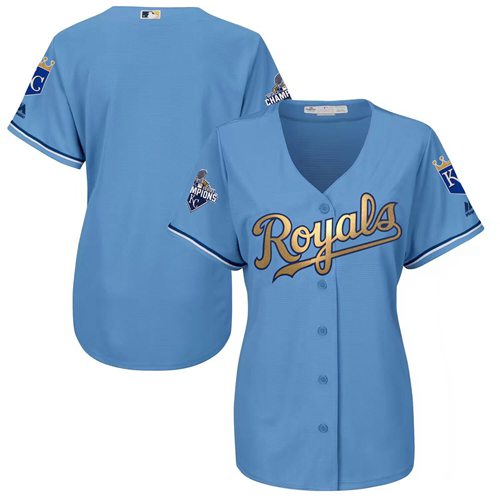Royals Blank Light Blue Women's 2015 World Series Champions Gold Program Cool Base Stitched MLB Jersey - Click Image to Close